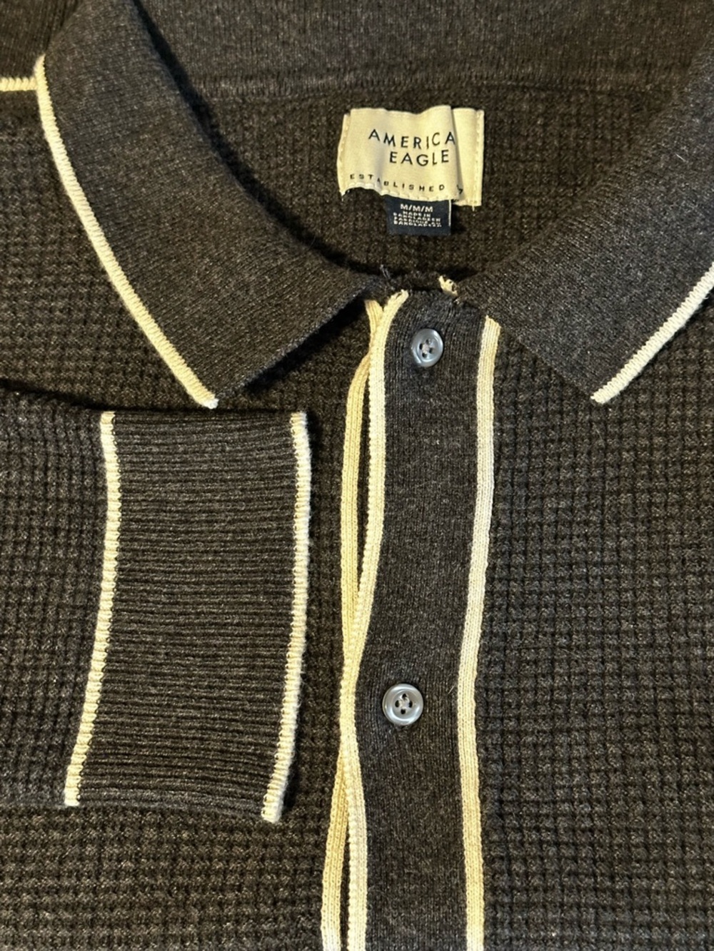 American Eagle Outfitters Men’s Charcoal Zip Polo Sweater with Cream Trim